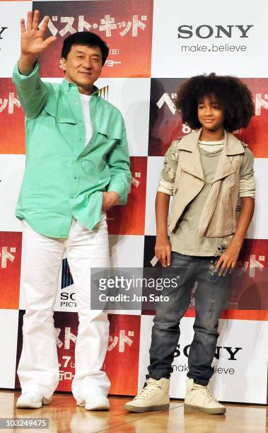Actors Jackie Chan and Jaden Smith attend a "The Karate Kid" press conference at The Ritz Carlton Tokyo on August 5, 2010 in Tokyo, Japan. The film...