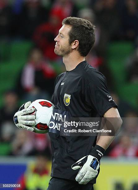 Mariners goalkeeper Jess Van Strattan holds the ball during the round one A-League match between the Melbourne Heart and the Central Coast Mariners...