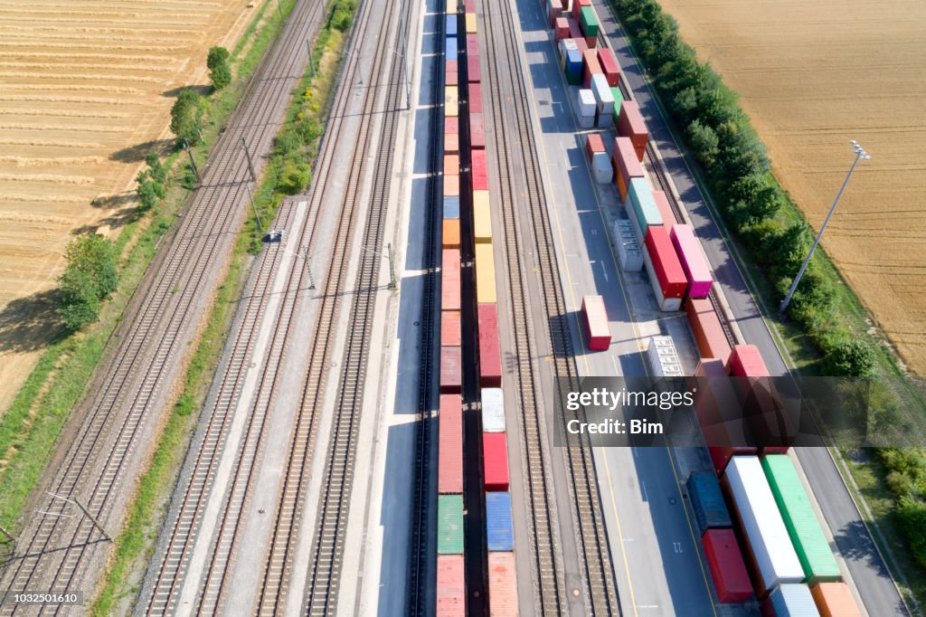 Cargo Containers and Freight Trains, Aerial View