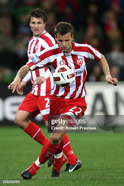 Nicholas Kalmar of the Heart controls the ball during the round one A-League match between the Melbourne Heart and the Central Coast Mariners at AAMI...