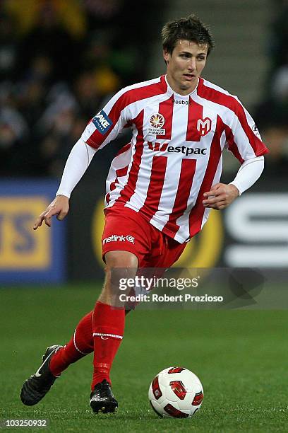 Michael Marrone of the Heart controls the ball during the round one A-League match between the Melbourne Heart and the Central Coast Mariners at AAMI...