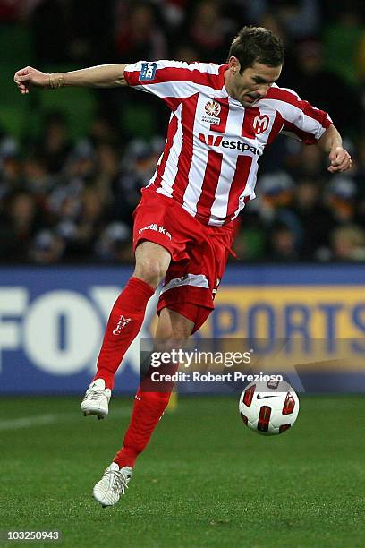 Dean Heffernan of the Heart controls the ball during the round one A-League match between the Melbourne Heart and the Central Coast Mariners at AAMI...