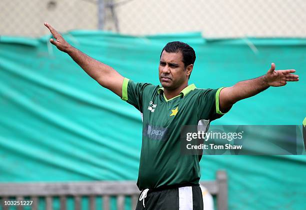 Waqar Younis the Pakistan coach looks on during the Pakistan nets session at Edgbaston on August 5, 2010 in Birmingham, England.