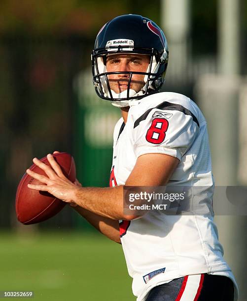 Quarterback Matt Schaub of the Houston Texans throws during training camp on Thursday, August 5, 2010 in Houston, Texas.