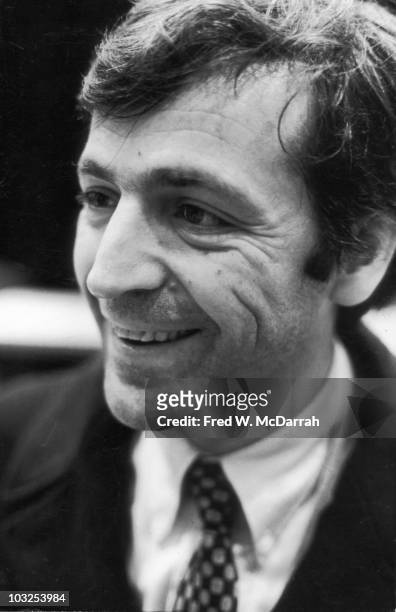 Close-up of Greek-French filmmaker Costa Gavras as he smiles during a panel discussion on his Cannes Jury Award-winning film 'Z' , New York, New...