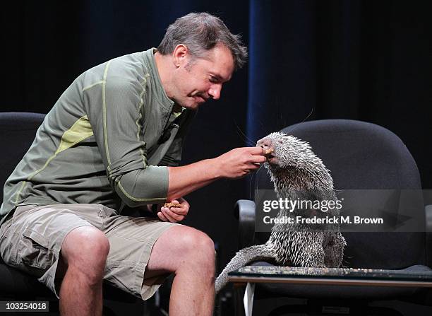 Executive producer/co-creator Chris Kratt of the television show "Wild Kratts" feeds a Porcupine during the PBS portion of the 2010 Summer TCA Press...