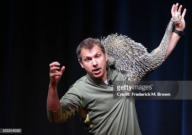 Executive producer/co-creator Chris Kratt of the television show "Wild Kratts" holds a Porcupine during the PBS portion of the 2010 Summer TCA Press...