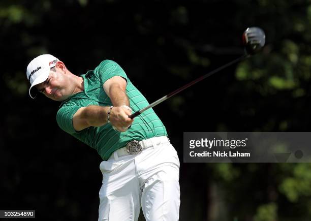 Rory Sabbatini of South Africa hits his tee shot on the 4th hole during round one at the Turning Stone Resort Championship at Atunyote Golf Club held...