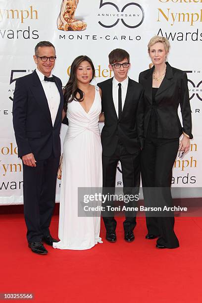 Producer Dante Di Loreto, Actors Jenna Ushkowitz, Kevin Mchale and Jane Lynch arrive at the Monte Carlo TV Festival Closing Ceremony at the Grimaldi...