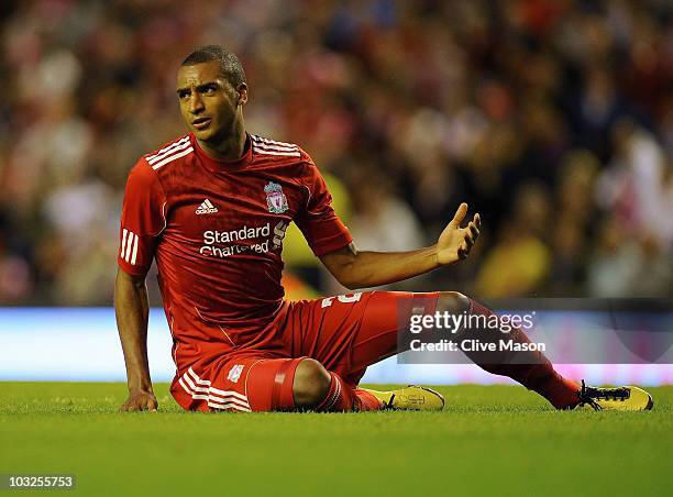 David Ngog of Liverpool appeals during the Europa League, Third Qualifying Round, Second Leg match between Liverpool and FK Rabotnicki at Anfield on...