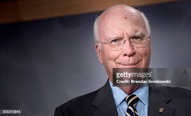 Senate Judiciary Committee Chairman Senator Patrick Leahy smiles during a press conference on Capitol Hill August 5, 2010 in Washington, DC. The...