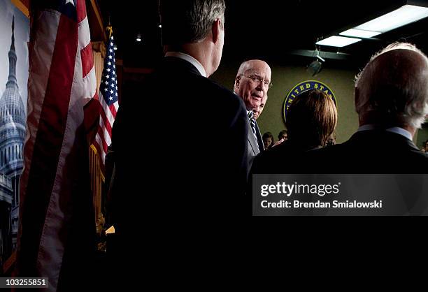 Senate Judiciary Committee Chairman Senator Patrick Leahy speaks during a press conference on Capitol Hill August 5, 2010 in Washington, DC. The...