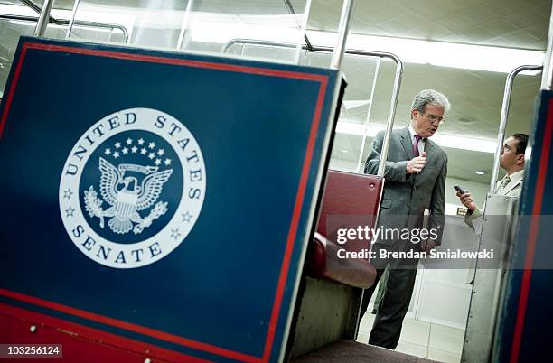 Sen. Tom Coburn speaks with a reporter after voting on Capitol Hill August 5, 2010 in Washington, DC. The Senate voted 63-37 to confirm Solicitor...