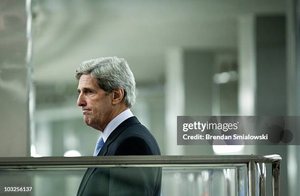 Senator John Kerry arrives on the Senate subway to vote on Capitol Hill August 5, 2010 in Washington, DC. The Senate voted 63-37 to confirm Solicitor...