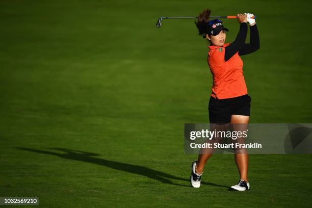 Moriya Jutanugarn of Thailand plays a shot from the fairway during day one of the Evian Championship at Evian Resort Golf Club on September 13, 2018...