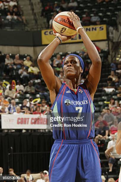 Taj McWilliams-Franklin of the New York Liberty looks for a pass during the game against the Indiana Fever at Conseco Fieldhouse on August 3, 2010 in...