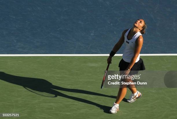 Sara Errani of Italy reacts after losing a point against Svetlana Kuznetsova of Russia during their match in the Mercury Insurance Open at La Costa...
