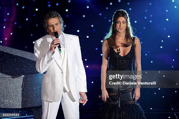 Toto Cutugno and Belen Rodriguez attend the 60th Sanremo Song Festival at the Ariston Theatre On February 18, 2010 in San Remo, Italy.