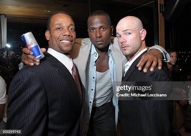 Gerald Williams, TalentMaven.com Music Executive Mike Evans and Douglas Fresh attend the TalentMaven.com launch party at Hudson Terrace on August 5,...