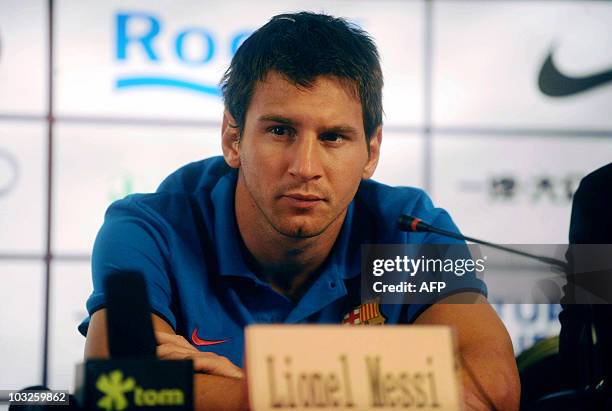 Barcelona's Argentinian player Lionel Messi attends a press conference in Beijing on August 5, 2010. The reigning Spanish football champions on a...