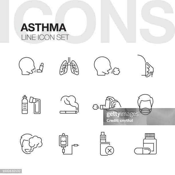 ilustraciones, imágenes clip art, dibujos animados e iconos de stock de iconos de línea de asma - nebulizador
