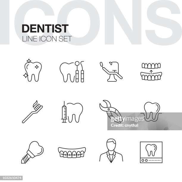 stockillustraties, clipart, cartoons en iconen met tandarts lijn pictogrammen - dental hygiene