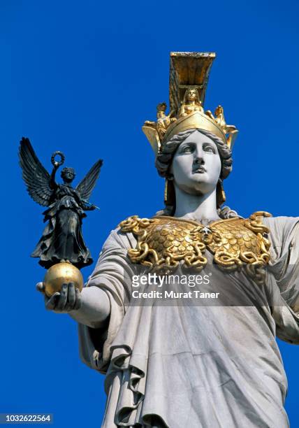 pallas athena statue in front of the austrian parliament - athena greek goddess stock pictures, royalty-free photos & images