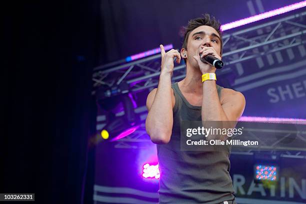 Tom Parker of The Wanted performs on the main stage at Devonshire Green during the second day of Tramlines Festival on July 24, 2010 in Sheffield,...