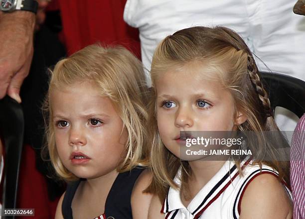 Daughters of Spain's Prince Felipe, Leonor and Sofia attend a concert at the Royal Sailing Club after the third day of the Copa del Rey regatta, in...