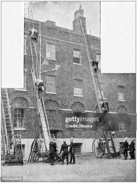 antique photograph: firemen fire brigade training - fire fighting training stock illustrations