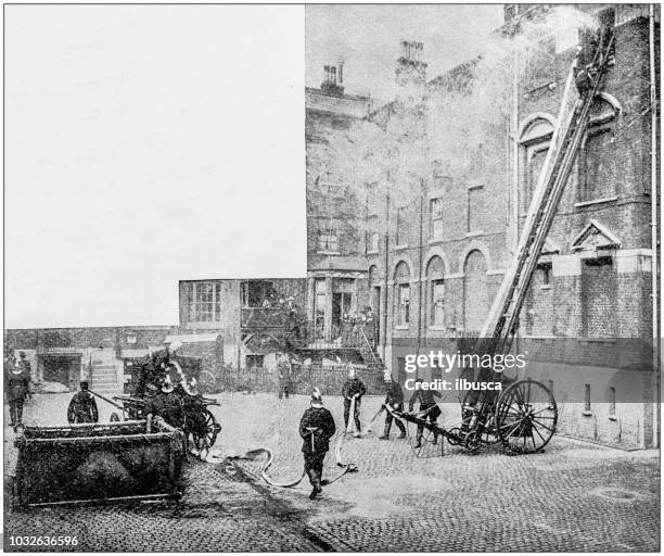 antique photograph: firemen fire brigade training - fire fighting stock illustrations