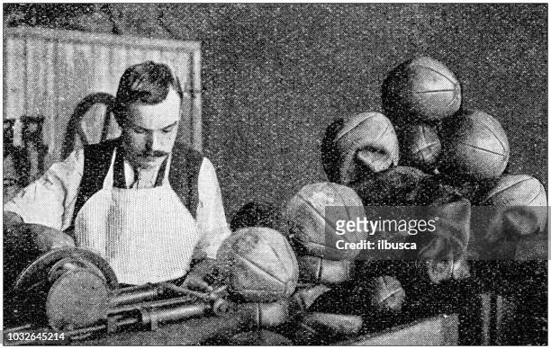 antique photograph: production of a football ball - football merchandise stock illustrations