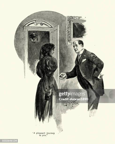 ilustraciones, imágenes clip art, dibujos animados e iconos de stock de victorianas buenos modales, el hombre mantiene la puerta abierta para una mujer - caballerosidad