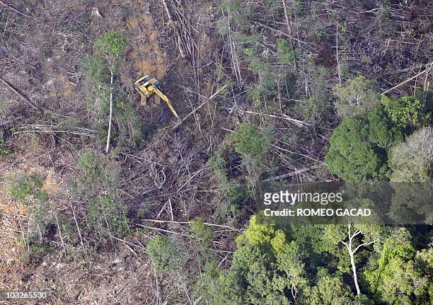 In this photograph taken during a media trip organized by Greenpeace, a backhoe picks up felled trees at the PT. Tebo Multi Agro concession...