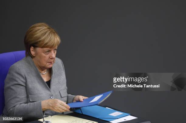 German Chancellor Angela Merkel attends a session of the German Parliament or Bundestag on September 13, 2018 in Berlin, Germany. Relations within...