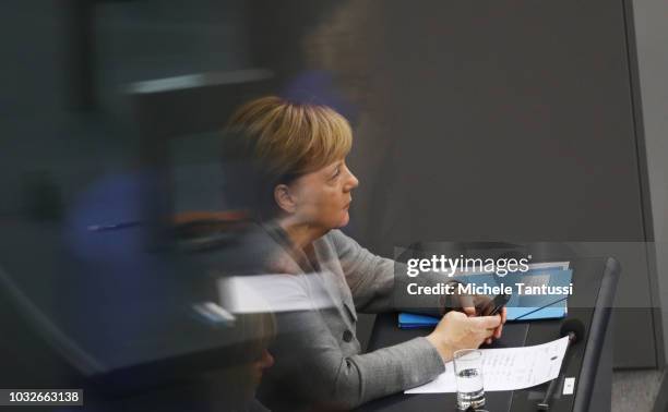 German Chancellor Angela Merkel attends a session of the German Parliament or Bundestag on September 13, 2018 in Berlin, Germany. Relations within...