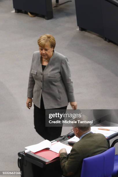 German Chancellor Angela Merkel passes by the far right party, AfD, leader Alexander Gauland as she leaves a session of the German Parliament or...