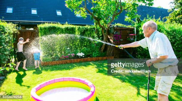grandfather sprays water on grandchildren with garden hose for fun - playful seniors stock pictures, royalty-free photos & images
