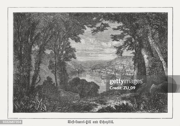 west laurel hill and schuylkill river, philadelphia, usa, published 1876 - paradise pennsylvania stock illustrations