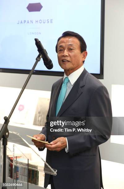 Japan's Deputy Prime minister Taro Aso speaks during The Official Opening of Japan House London, the new Cultural Home of Japan in the UK on...