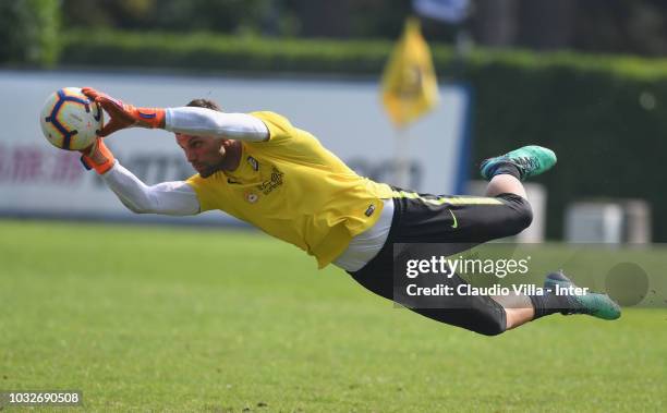 Daniele Padelli of FC Internazionale in action during the FC Internazionale training session at the club's training ground Suning Training Center in...