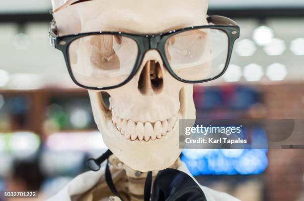 a headshot portrait of a human skeleton with eye glasses - funny skeleton stock pictures, royalty-free photos & images