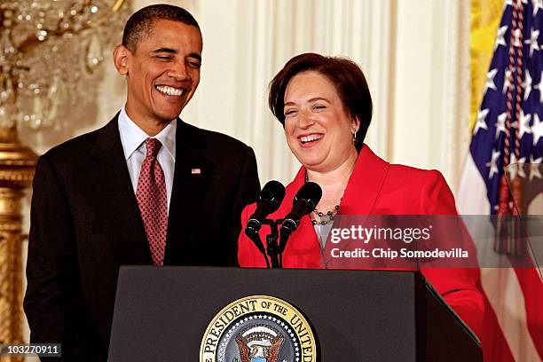 President Barack Obama and former U.S. Solicitor General and Supreme Court designated Associate Justice Elena Kagan participate in a reception in...