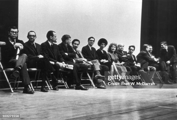 Portrait of attendees at the Creative Film Foundation Awards, New York, New York, January 25, 1961. Pictured are, from left, Robert Breer, Carmen...