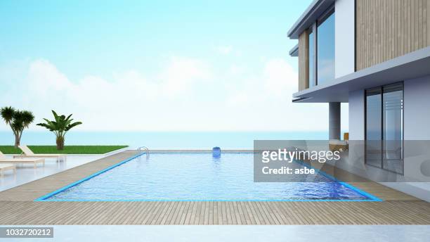 modern house with private swimming pool - empty beach stock pictures, royalty-free photos & images