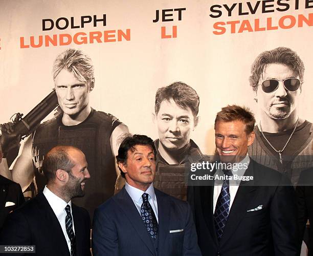 Actors Sylvester Stallone, Jason Statham and Dolph Lundgren attend the Germany Premiere of 'The Expendables' at the Astor Film Lounge movie theater...