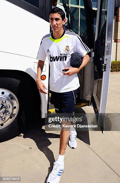 Angel Di Maria of Real Madrid arrives to participate in the Adidas training with local youth soccer players on August 5, 2010 in the Westwood section...