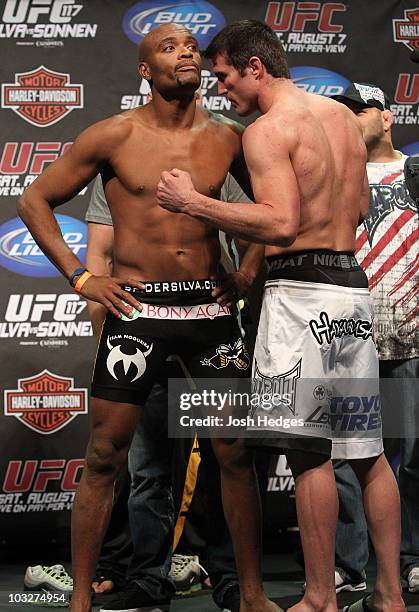 Middleweight Champion Anderson Silva refuses to face off with opponent Chael Sonnen at the UFC 117 weigh-in at Oracle Arena on August 6, 2010 in...