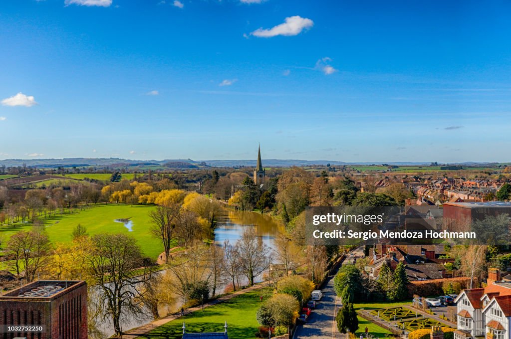 Panoramic view of the River Avon and Stratford-upon-Avon, England on a clear day