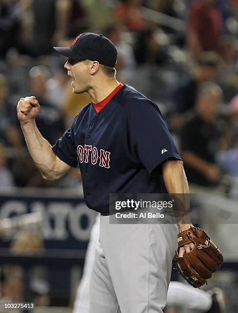 Jonathan Papelbon of the Boston Red Sox celebrates after defeating the New York Yankees on August 6, 2010 at Yankee Stadium in the Bronx borough of...